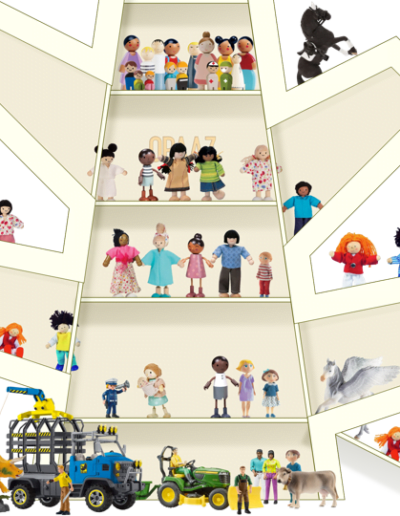 Schematische weergave van Kinderkastje Benoë met poppenhuispoppetjes van diverse groottes en schaalverhoudingen.