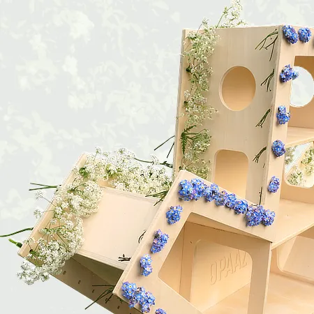 fragiele-vergeetmenietjes-en-fluitekruid-in-speelboom Bloemen decoratie van vergeetmenietjes en fluitekruid langs de rand van een boomvormig kinderkastje