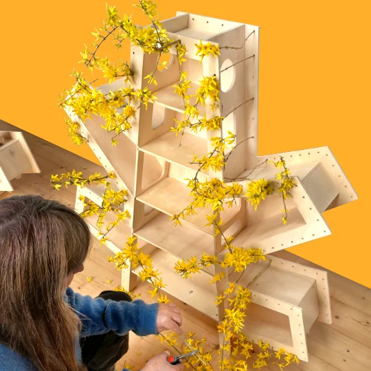 wilde-compositie-maken-met-forsythia Bloemencompostie van forsythia. De takken gestoken door de 200 gaatjes in de sierlijst van een kinderkastje.
