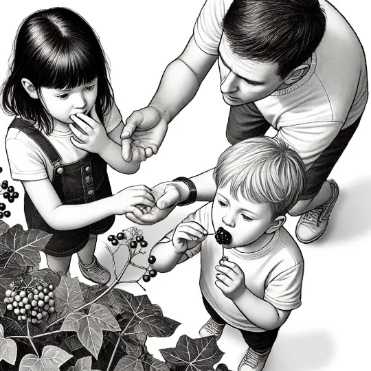 2 Kinderen eten bessen van een klimop. Papa verhindert dat ze de bessen eten.