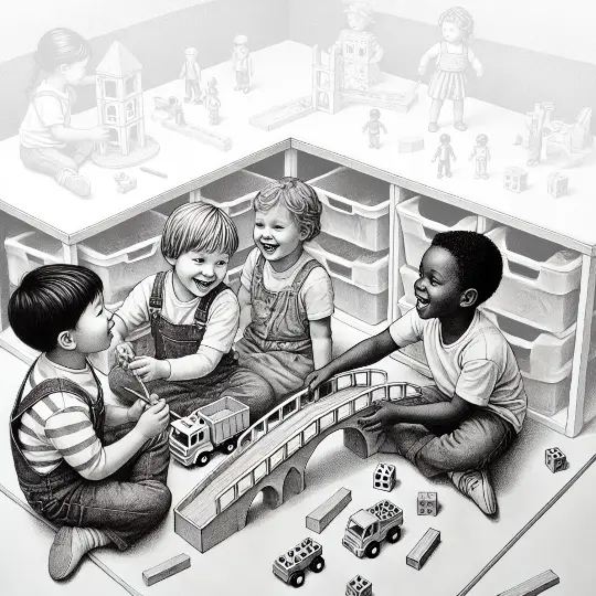Bouwhoek basisschool-540 Vier kinderen met verschillende etnische achtergronden spelen in de bouwhoek in groep 1 van de basisschool