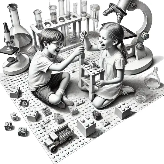 jongen-meisje-lego-onderzoek-540 Een jongen en een meisje zitten op een legoplaat en bouwen een toren. Een fantasie tafereel.