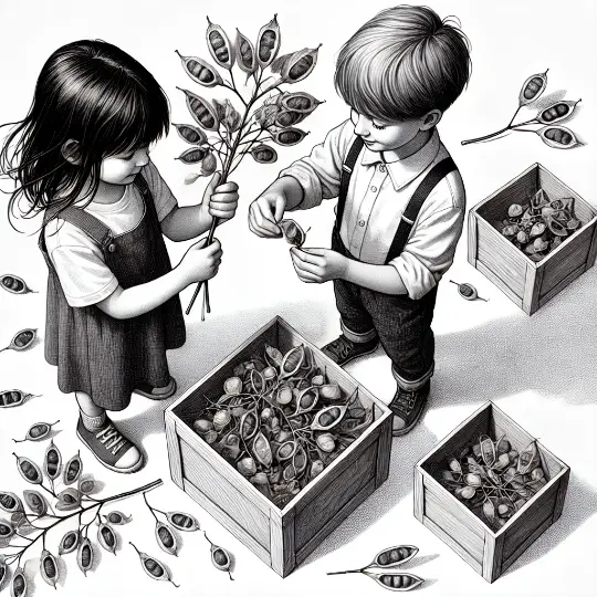 Twee kleuters verzamelen peulen en zijn zich niet bewust dat dzee giftig zijn.