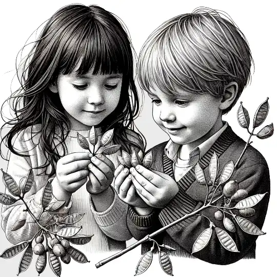 Jongen en meisje kijken bewonderend naar de mooie vorm en kleuren van zaden.