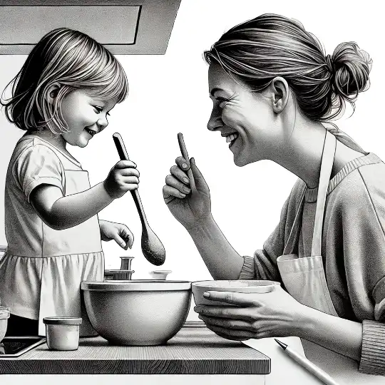 moeder-meisje-koken-540 Moeder en dochtertje van 4 samen aan het werk in de keuken.