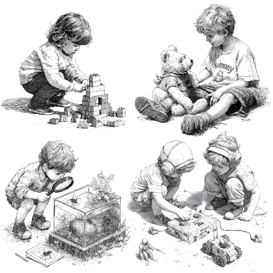 4 examples of different playstyles: caring, building, directing and researching.